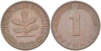 ФРГ 1 ПФЕННИГ 1975 G KM 105, J. 380 сталь плакированная медью 4181-617