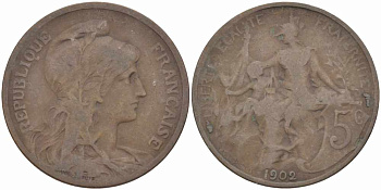 ФРАНЦИЯ 5 САНТИМОВ 1902 ТИП ДАНИЭЛЬ ДЮПЮИ KM 842, LE FRANC 119.12 бронза 108-835