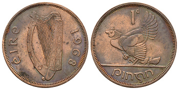 Ирландия 1 пенни 1968 курица с цыплятами KM 11 бронза UNC 4521-234