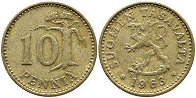 ФИНЛЯНДИЯ 10 ПЕННИ 1963 S KM 46 алюминиевая бронза 75-452