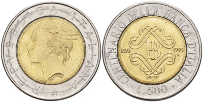 Италия 500 лир 1993 R, 100 лет банку Италии (1893-1993) KM 160 биметалл 27-1121