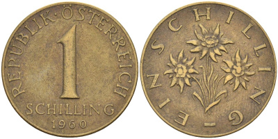 Австрия 1 шиллинг 1960 KM 2886 алюминиевая бронза 4592-1011