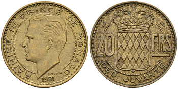 Монако 20 франков 1951 Ренье III (1949-2005) KM 131 алюминиевая бронза 4584-226