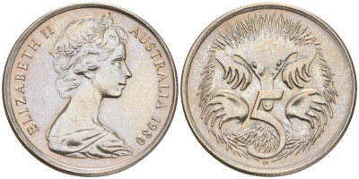 АВСТРАЛИЯ 5 ЦЕНТОВ 1980 ЕЛИЗАВЕТА II, МОЛОДОЙ ПОРТРЕТ, ЕХИДНА KM 64 медно-никель UNC 192-117