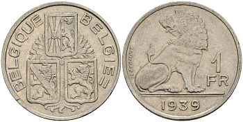 Бельгия 1 франк 1939 Belgique - Belgie KM 119 никель 4135-1042