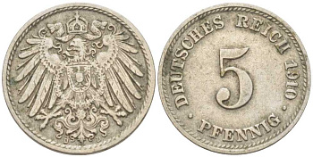 Германия 5 пфеннигов 1910 D KM 11, J. 12 медно-никель 206-1227