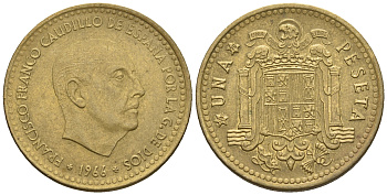 Испания 1 песета 1966 (70) Франциско Франко (1939-1975) КМ 796 алюминиевая бронза 85-654