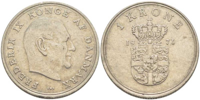 ДАНИЯ 1 КРОНА 1971 C; S, ФРЕДЕРИК IX (1947-1972) KM 851.1 медно-никель 95-1026