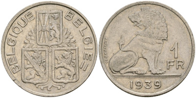Бельгия 1 франк 1939 Belgique - Belgie KM 119 никель 4135-1042