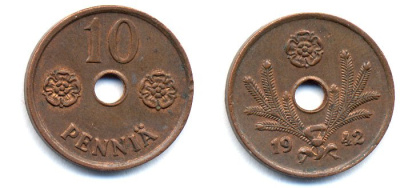 ФИНЛЯНДИЯ 10 ПЕННИ 1942 KM 33.1 медь 51-4943