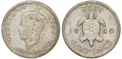 Фиджи 6 пенсов 1940 Георг VI (1936-1952), черепаха KM 11 серебро    91-417