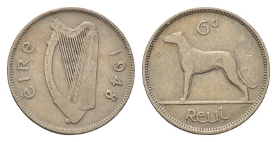 Ирландия 6 пенсов 1948 собака, ирландский волкодав KM 13a медно-никель 4690-328