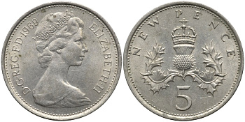 Великобритания 5 пенсов 1969 Елизавета II (1952-2022) KM 911, Spink 4233 (D1) медно-никель 4171-553