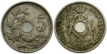 Бельгия 5 сантимов 1913 Belgique KM 66 медно-никель 4173-444
