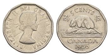 Канада 5 центов 1955 Елизавета II (1952-2022), бобр KM 50a никель 4630-662