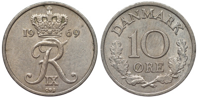 Дания 10 эре 1969 C,S, Фредерик IX (1947-1972) KM 849.1 медно-никель UNC 71-222