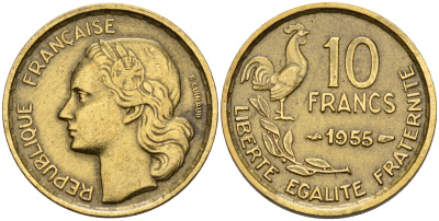 Франция 10 франков 1955  KM 915.1 алюминиевая бронза    4152-1244