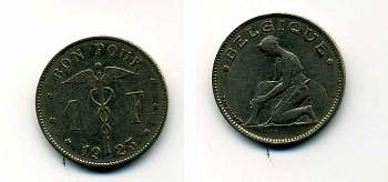 Бельгия 1 франк 1923 Belgique, Альберт I (1909-1934) KM 89 никель 29-227