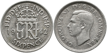 Великобритания 6 пенсов 1942 Георг VI (1936-1952) KM 852, Spink 4084 серебро 4392-452