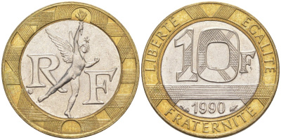 Франция 10 франков 1990 тип Гений Бастилии KM 964.1, Le Frank 375.5 биметалл 4519-252