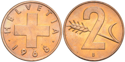 Швейцария 2 раппена 1968 В KM 47 бронза UNC 4575-322