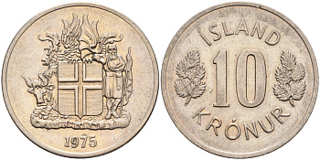 Исландия 10 крон 1975 KM 15 медно-никель UNC 4126-957