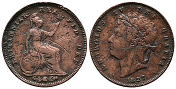 Великобритания 1/3 фартинга 1827 Георг IV (1820-1830) KM 703, Spink 3827 медь 1518-1015