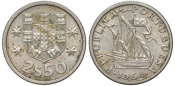 Португалия 2,5 эскудо 1964 парусник KM 590 медно-никель 51-4144
