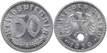 Германия 50 рейхспфеннигов 1939 A J. 372, KM 96 алюминий  UNC  00-822-36