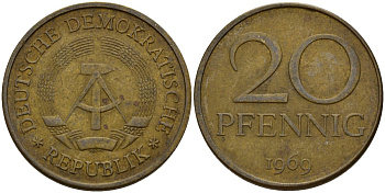 ГДР 20 пфеннигов 1969 A, первый год KM 11 латунь 92-443