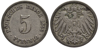 ГЕРМАНИЯ 5 ПФЕННИГОВ 1899 F KM 11, Jager 12, Weege 6 медно-никель 4547-366