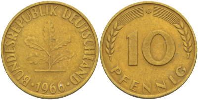 ФРГ 10 ПФЕННИГОВ 1966 G KM 108, J.383 сталь плакированная латунью 3996-614