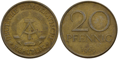 ГДР 20 пфеннигов 1969 A, первый год KM 11 латунь 92-443