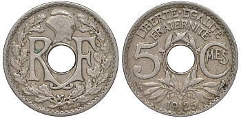 ФРАНЦИЯ 5 САНТИМОВ 1925 ТИП ЛИНДАЙЁ KM 875 медно-никель 45-468