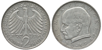 ФРГ 2 марки 1964 G, Макс Планк KM 116,  J. 392 медно-никель плакированный никелем 72-332