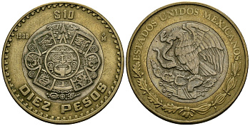 Мексика 10 песо 1998 Мо, бог Тонатиуха с огненной маской KM 616 биметалл 4120-335