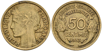 Франция 50 сантимов 1937 тип Morlon KM 894, Le Franc 192.13 4585-238