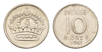 Швеция 10 эре 1961 TS Густав VI Адольф (1950-1973) KM 823 серебро 4124-827