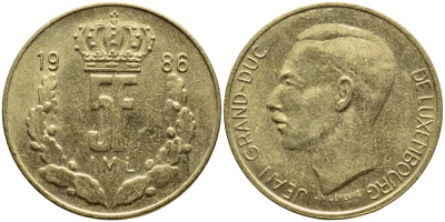 Люксембург 5 франков 1986 Великий герцог Жан (1964-1999) KM 60.1 латунь 4397-511