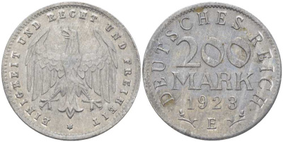 ГЕРМАНИЯ 200 МАРОК 1923 E KM 35, J. 304, Weege 22 алюминий 261-832