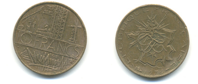Франция 10 франков 1976 тип Матье KM 940, Le Franc 365.7-8 никель латунь 89-1415