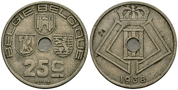 Бельгия 25 сантимов 1938 BELGIE - BELGIQUE KM 115 никель латунь 4172-126
