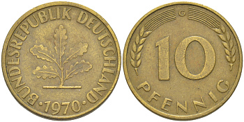ФРГ 10 ПФЕННИГОВ 1970 G KM 108, J. 383 сталь плакированная латунью 4182-816