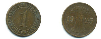 ГЕРМАНИЯ 1 РЕЙХСПФЕННИГ 1925 А KM 37, J. 313 бронза 62-2461