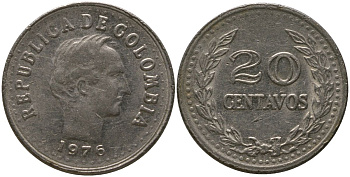 Колумбия 20 сентаво 1975 KM 246.1 сталь плакированная никелем 4529-814