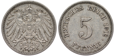 Германия 5 пфеннигов 1912 A, KM 11, J. 12 медно-никель 25-2337