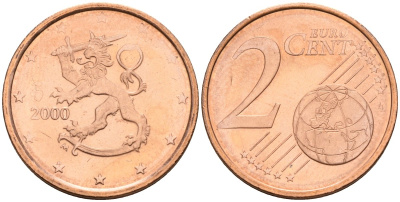 Финляндия 2 евроцента 2000 KM 99 сталь плакированная медью UNC M50-17