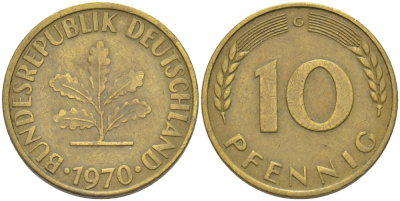 ФРГ 10 ПФЕННИГОВ 1970 G KM 108, J. 383 сталь плакированная латунью 4182-816