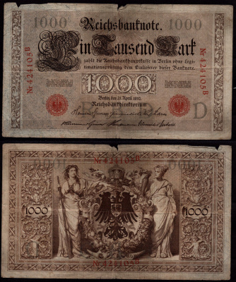 Германия 1000 марок 1910 Берлин, B; аллегорические фигуры («Мореплавание» и «Земледелие»), герб Pick 44 b бумага 7547-81-3-2