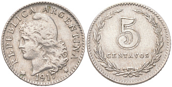 Аргентина 5 сентаво 1917 редкий год KM 34 медно-никель 4621-1038
